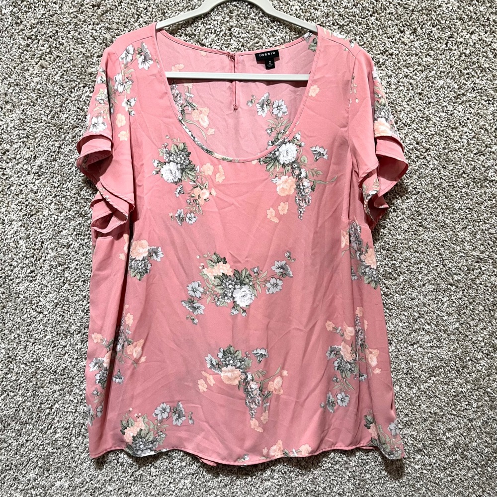 Torrid Top Women's 2X Pink Floral Short Flutter Sleeve Scoop Neck Babydoll